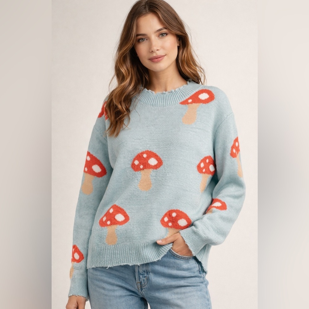 Brand new Miss sparkling mushroom blue sweater size medium and XL